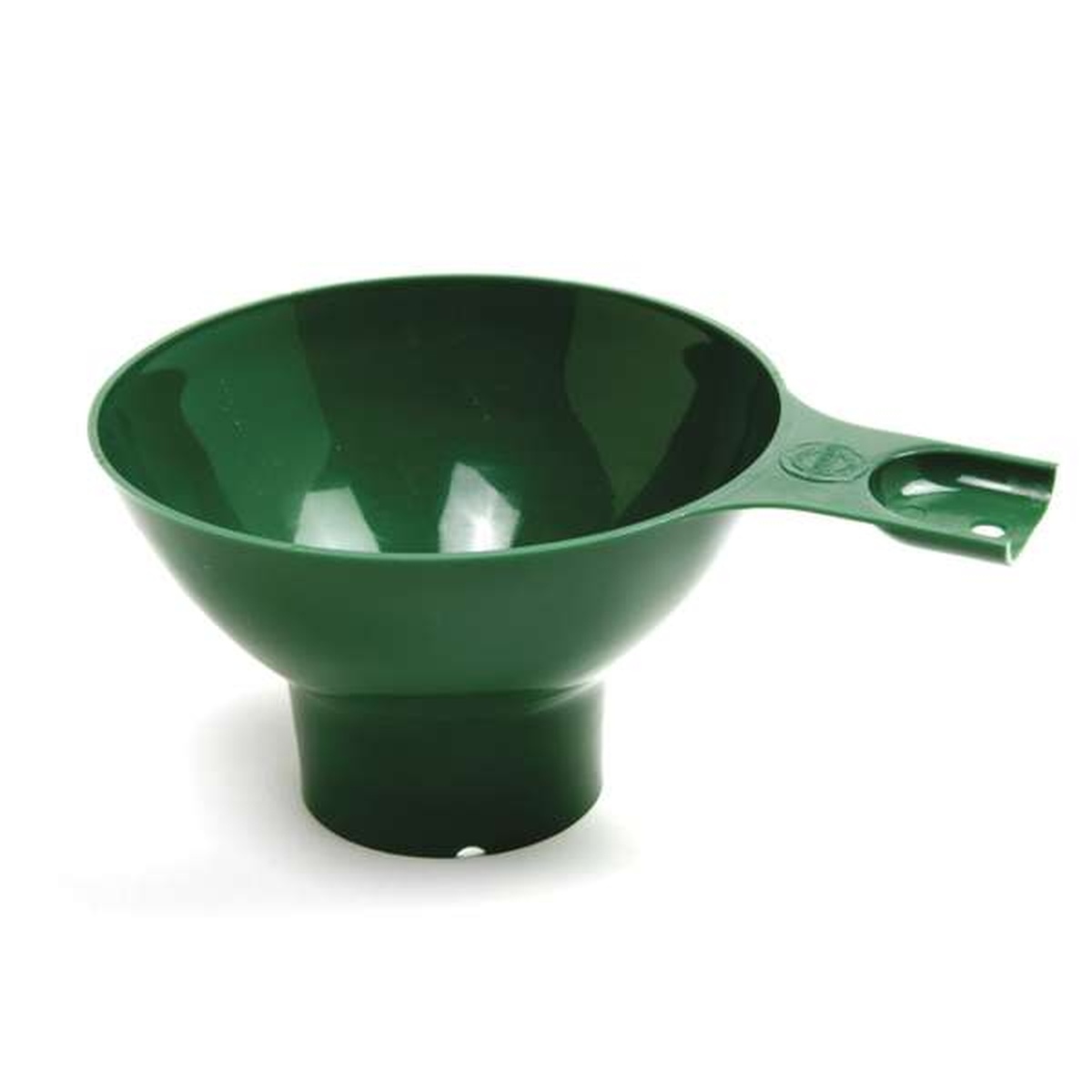 Norpro 607 green wide mouth plastic canning funnel side view showing handle with hang hole