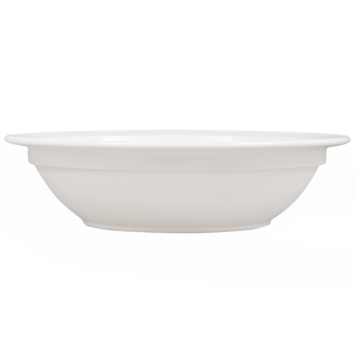 Side profile view of Cambro 60CW148 white polycarbonate grapefruit bowl showing low-profile shape and rimmed edge