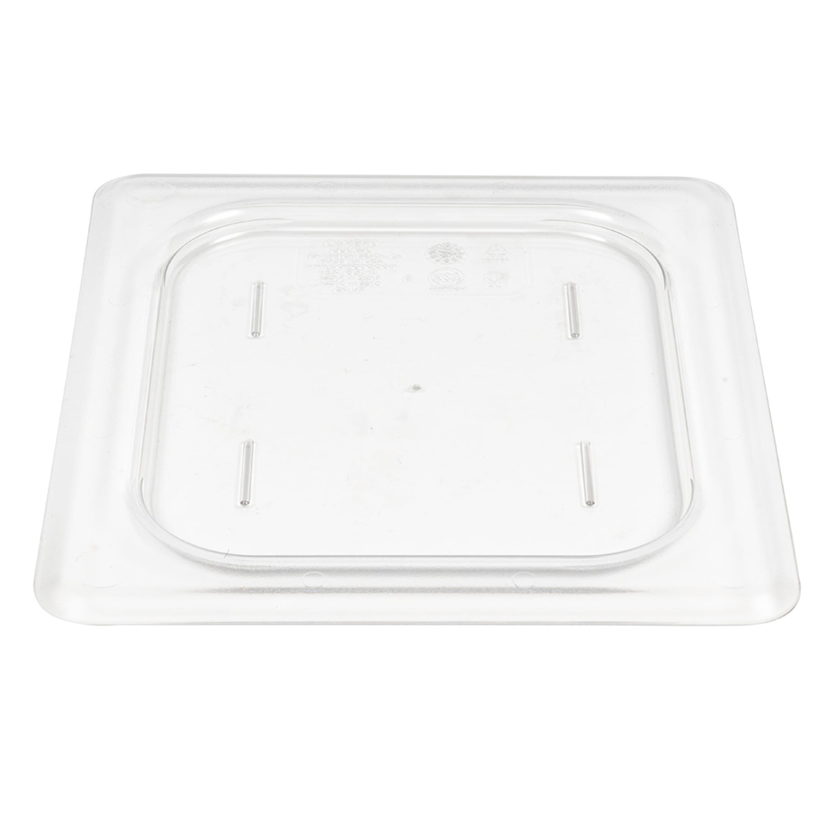Cambro 60CWC135 clear polycarbonate 1/6 size flat food pan cover, top angled view showing surface detail