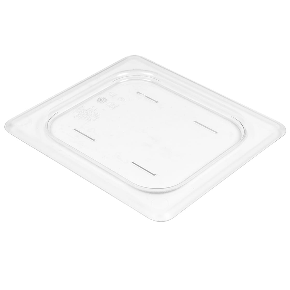 Cambro 60CWC135 clear polycarbonate 1/6 size flat food pan cover, angled perspective view