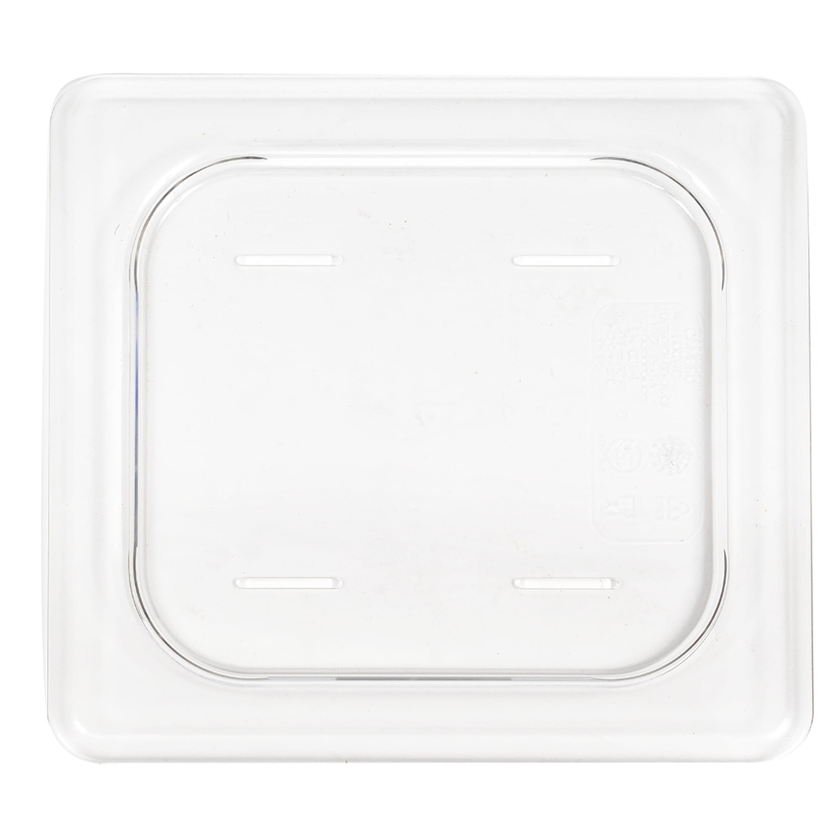 Cambro 60CWC135 clear polycarbonate 1/6 size flat food pan cover, direct top-down view