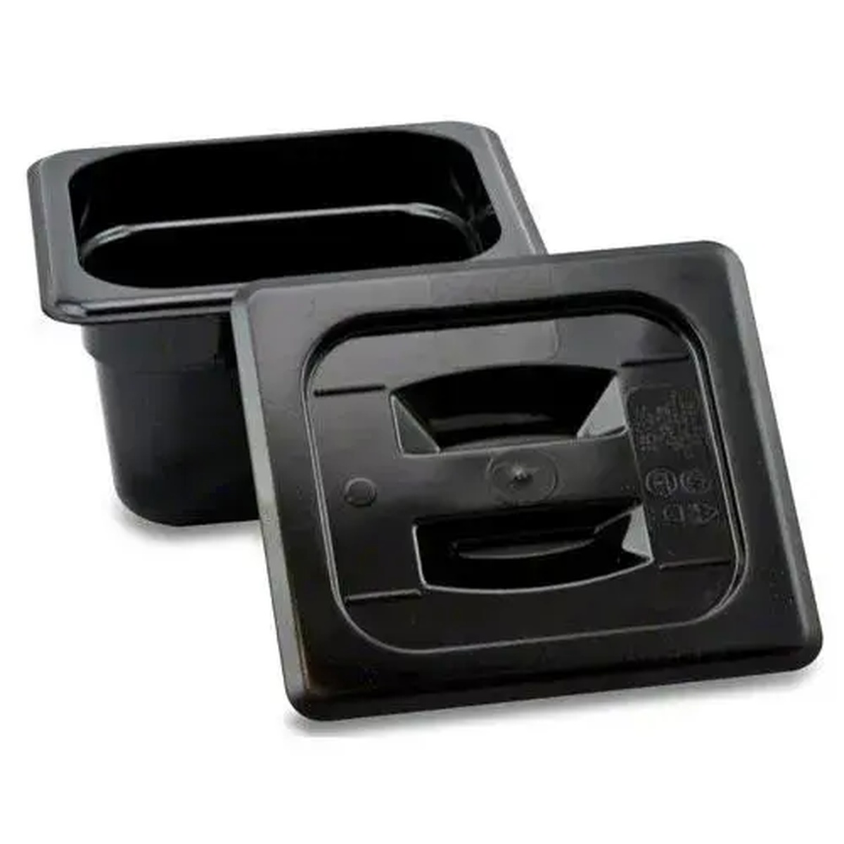 Cambro 60CWCH110 black food pan cover shown separated from its matching sixth-size black Camwear food pan