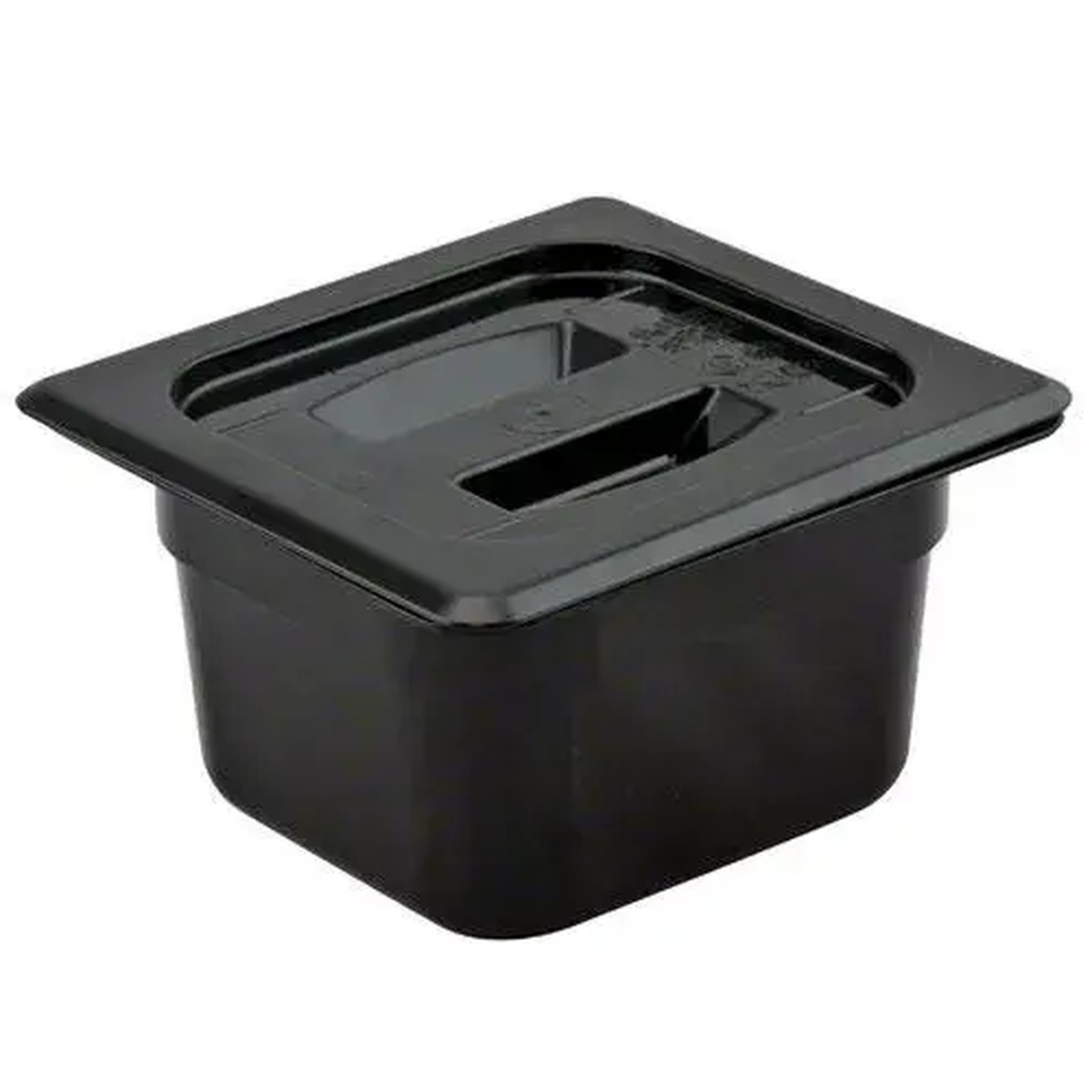 Cambro 60CWCH110 black polycarbonate cover seated securely on a matching black sixth-size Camwear food pan