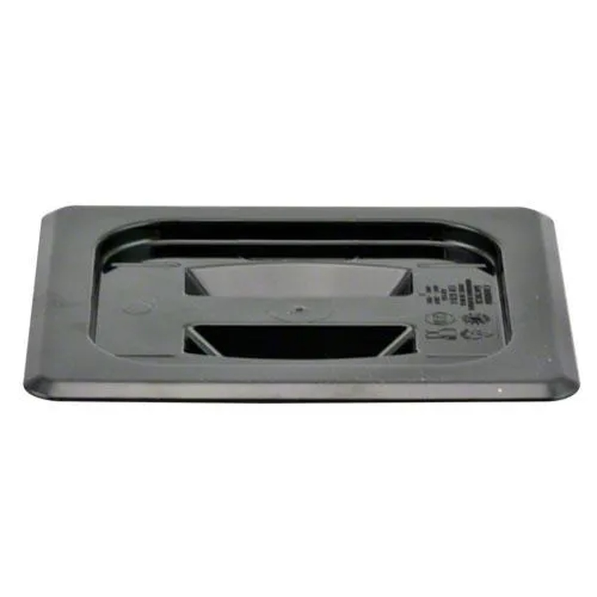 Bottom view of Cambro 60CWCH110 black polycarbonate food pan cover showing molded handle and peg hole detail