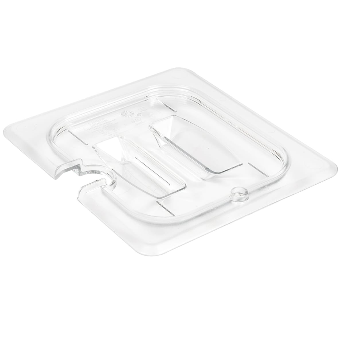 Cambro 60CWCHN135 clear polycarbonate 1/6 size food pan cover with handle and utensil notch, angled view