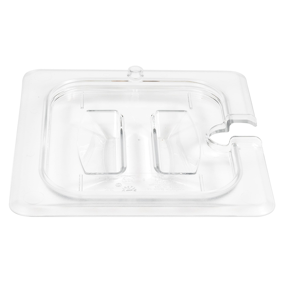 Cambro 60CWCHN135 clear polycarbonate food pan cover angled top view showing handle recess and utensil notch detail