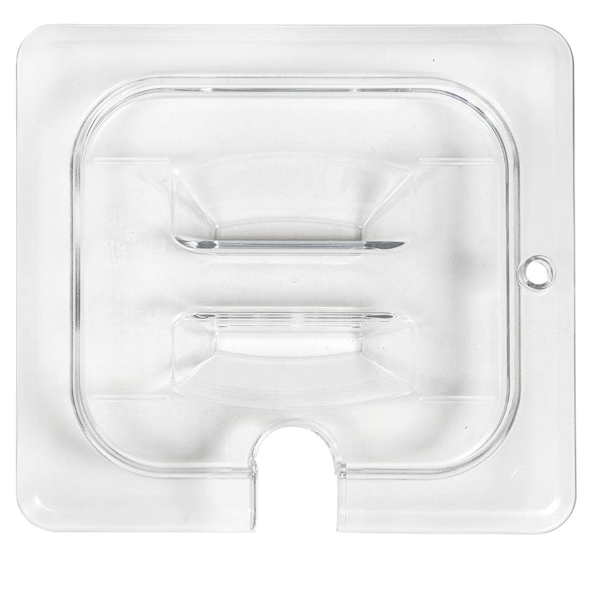Cambro 60CWCHN135 clear food pan cover top-down view showing utensil notch and peg hole
