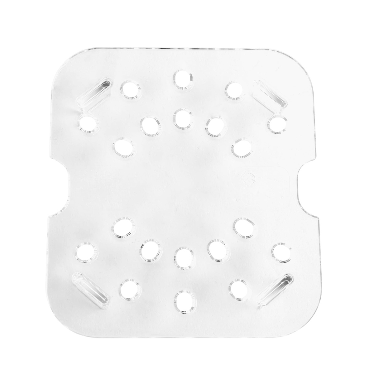 Top-down view of Cambro 60CWD135 clear polycarbonate drain shelf showing perforated drain hole pattern and finger notch slots