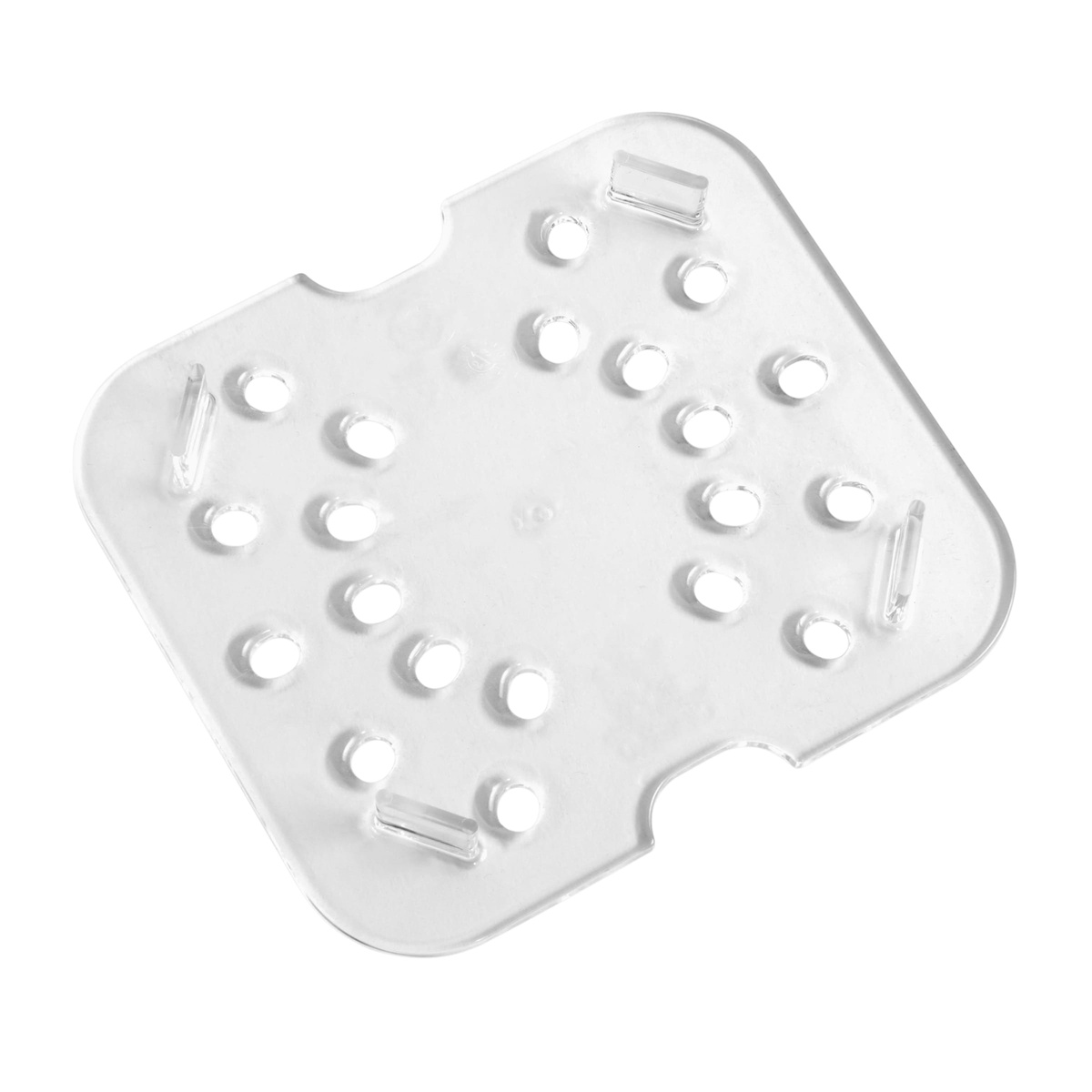 Cambro 60CWD135 clear polycarbonate drain shelf, overhead angled view highlighting elevated leg supports and drain holes