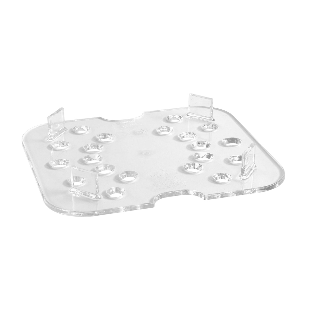 Cambro 60CWD135 clear polycarbonate drain shelf, angled side view showing elevated leg feet that suspend shelf above pan floor