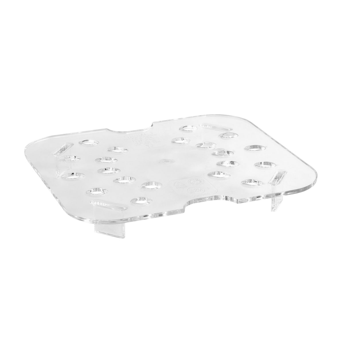 Cambro 60CWD135 clear polycarbonate drain shelf for sixth size food pan, angled view showing drain holes and support legs