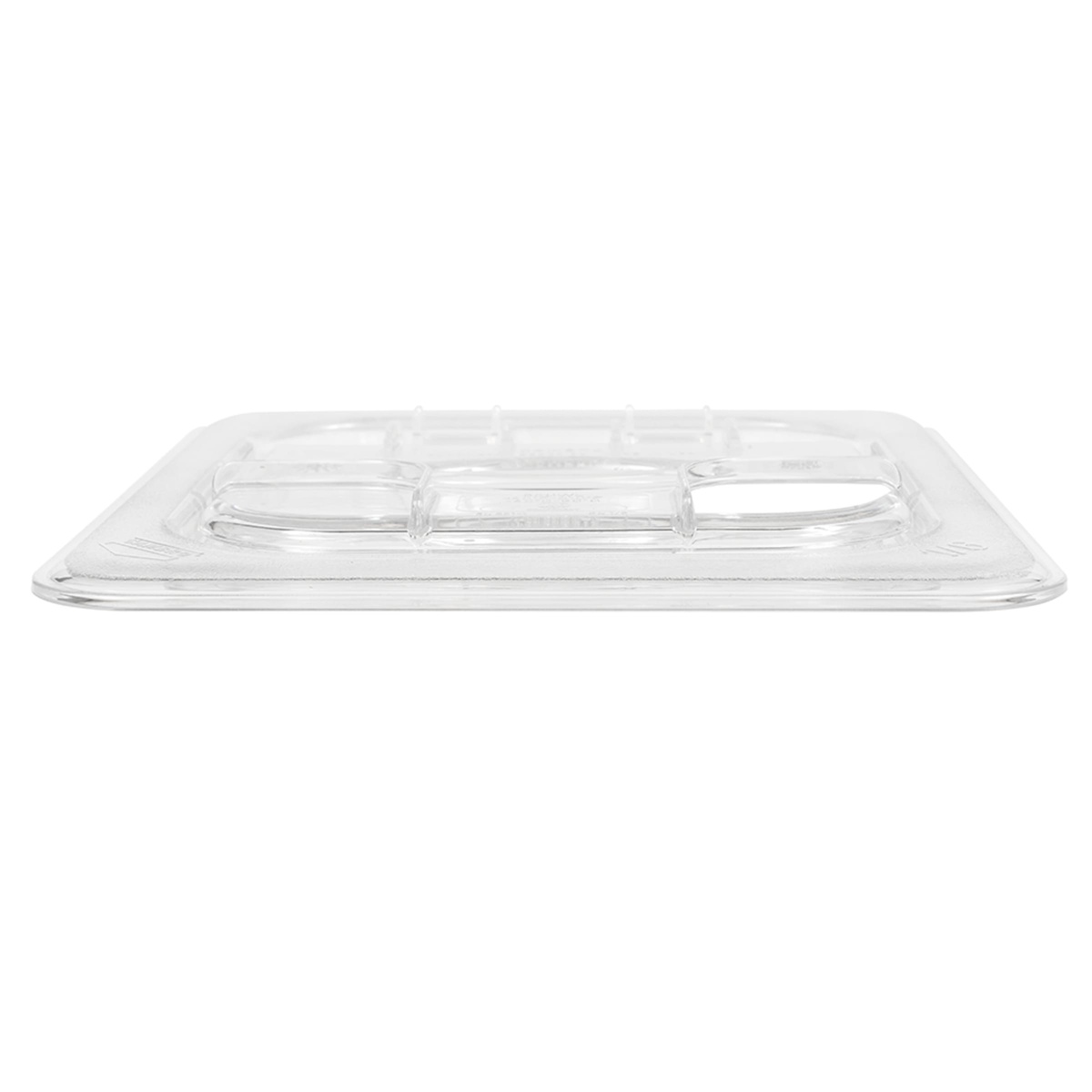 Side profile view of the low-profile Cambro 1/6 size clear polycarbonate food pan cover showing hinge and flat stackable form