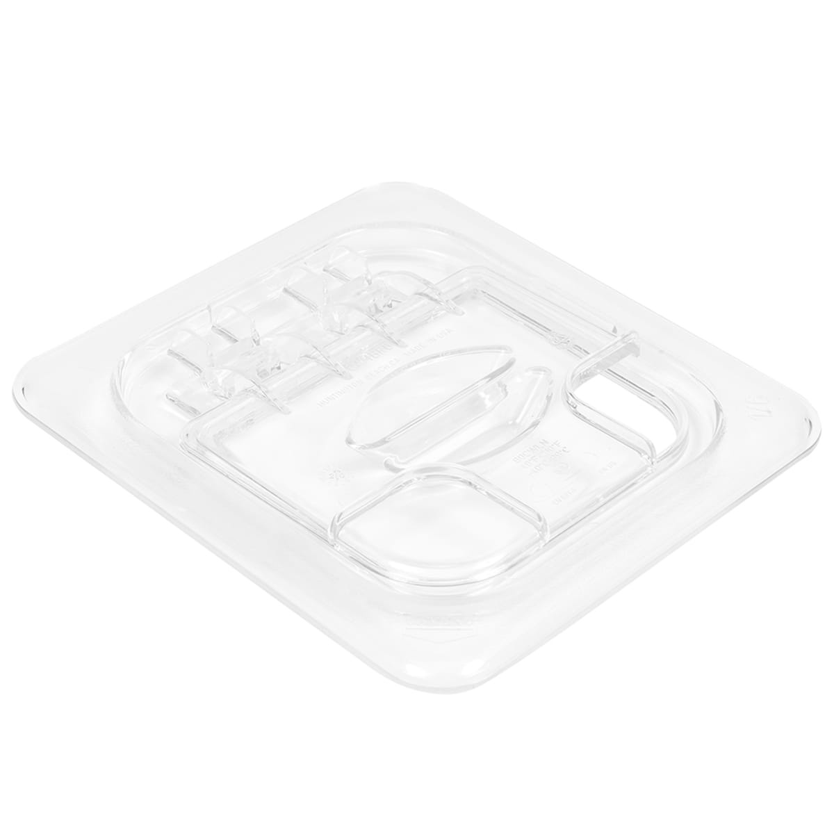 Angled top view of Cambro 60CWLN135 1/6 size clear polycarbonate FlipLid food pan cover