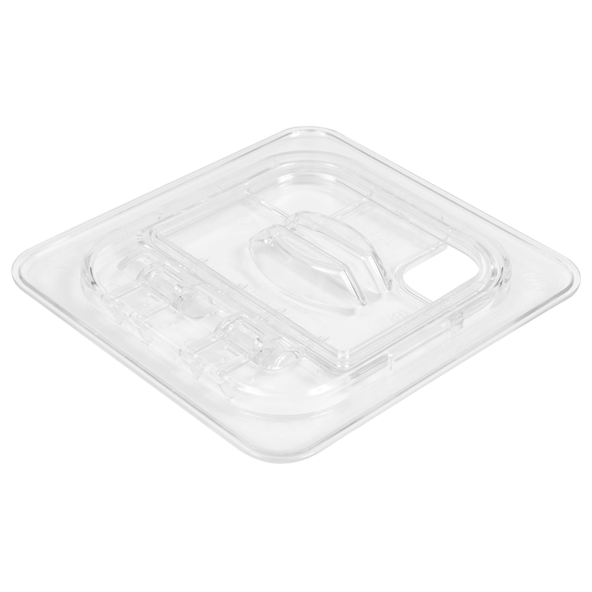 Angled view of Cambro FlipLid from the opposite side showing the spoon notch opening and molded handle detail