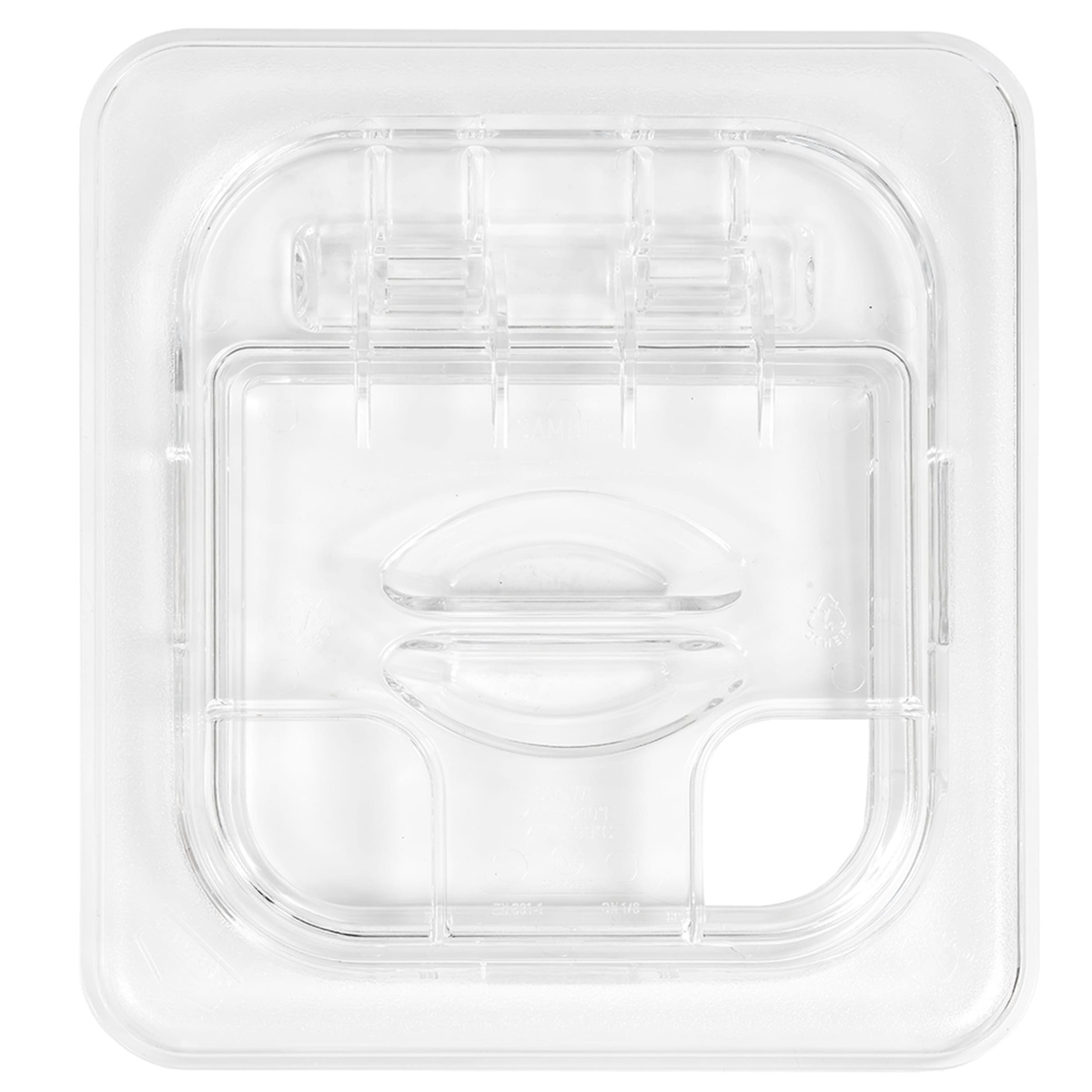 Top-down view of Cambro FlipLid showing the hinge mechanism, deep molded handle, and spoon notch cutout
