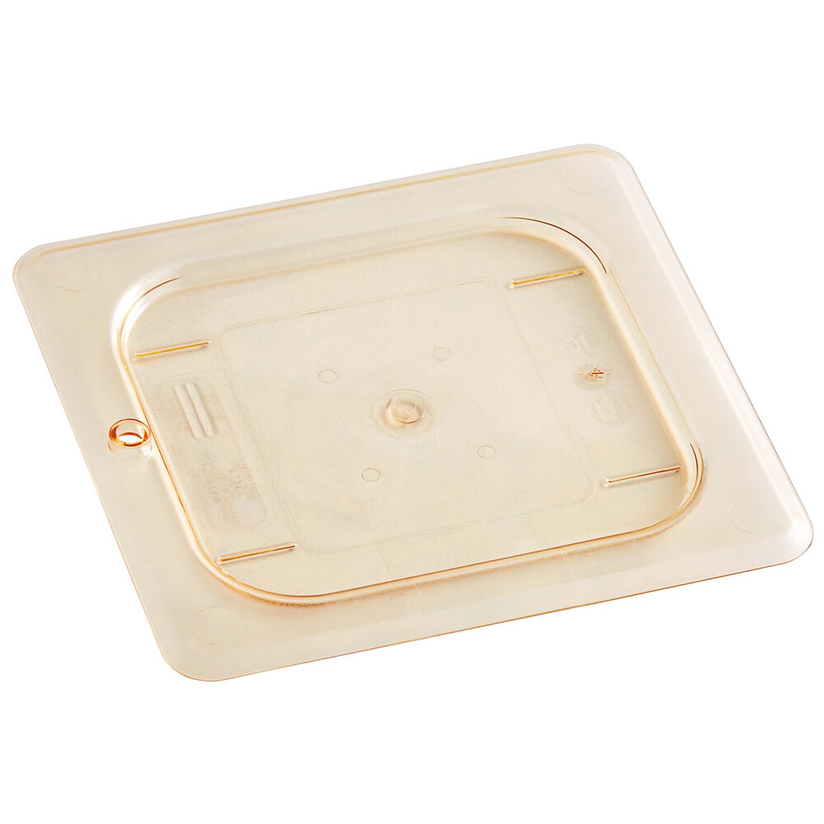Cambro 60HPC150 H-Pan 1/6 size amber high-heat flat lid, angled top view showing peg hole and sealing ridge