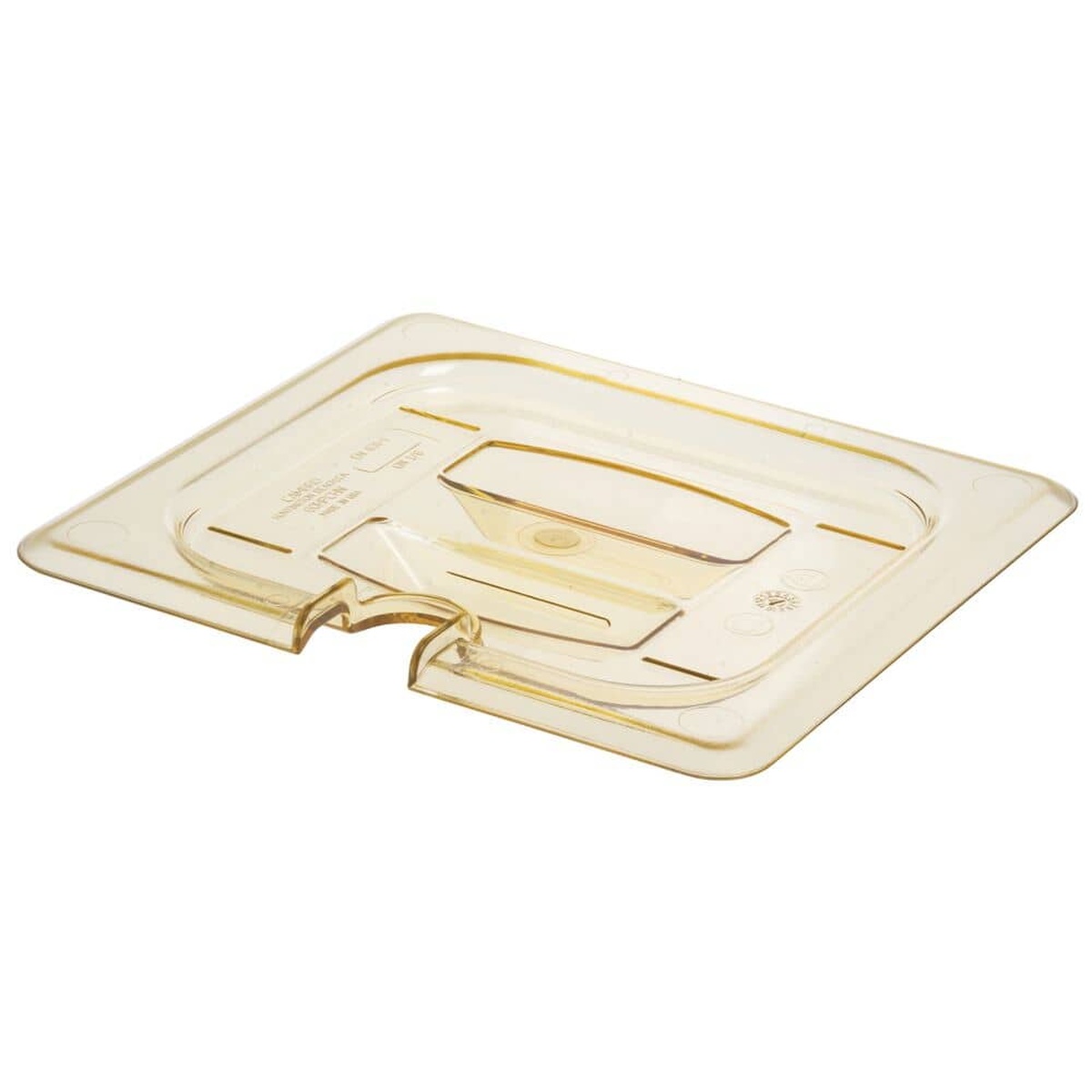 Cambro 60HPCHN150 amber translucent high-heat 1/6 size food pan lid with molded handle and spoon notch, angled view