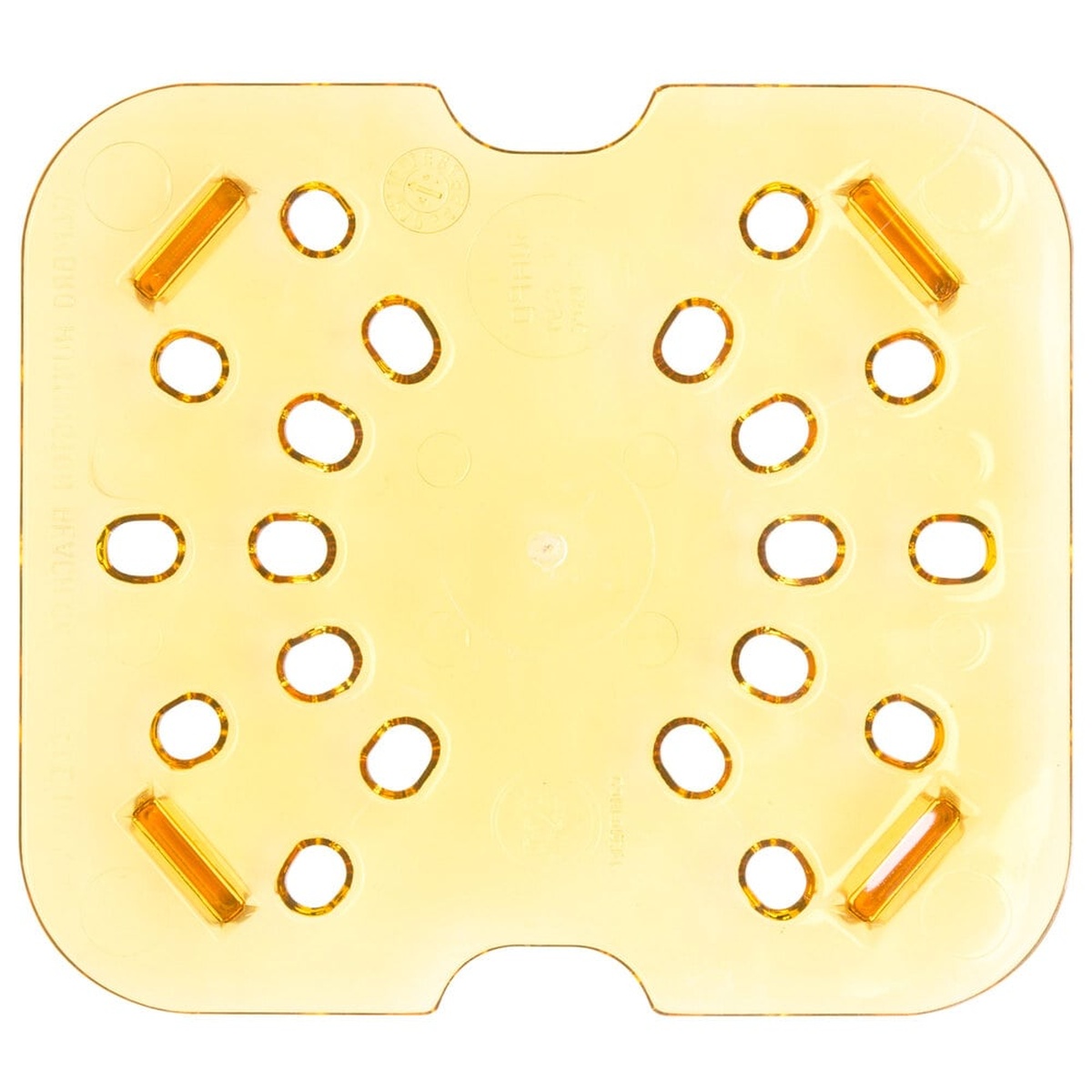 Cambro 60HPD150 amber 1/6 size high-heat drain shelf showing perforated drainage holes and raised corner feet