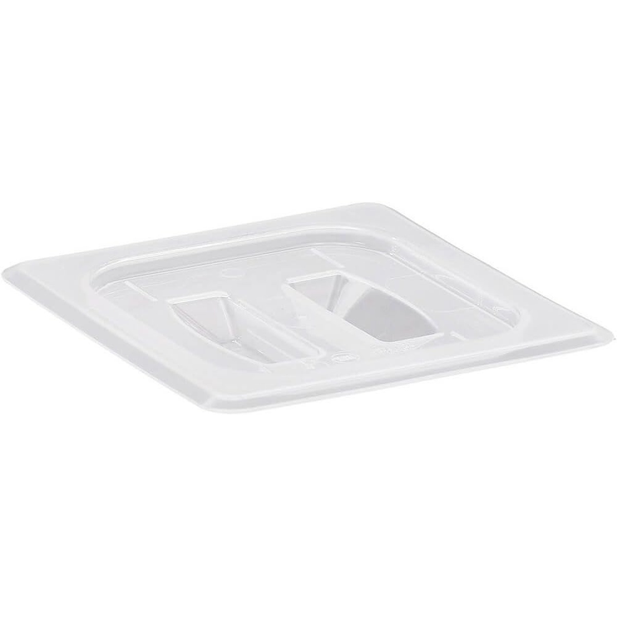 Cambro 60PPCH190 translucent 1/6 size polypropylene food pan cover with molded handle, viewed from above at an angle