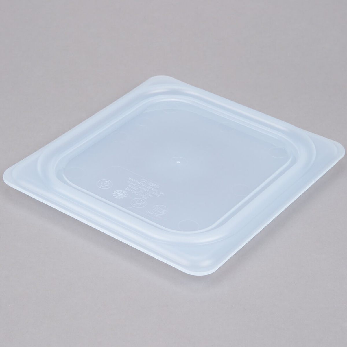 Cambro 60PPCWSC190 1/6 size translucent polypropylene seal cover shown from above, displaying inner seal ring and Cambro certification markings