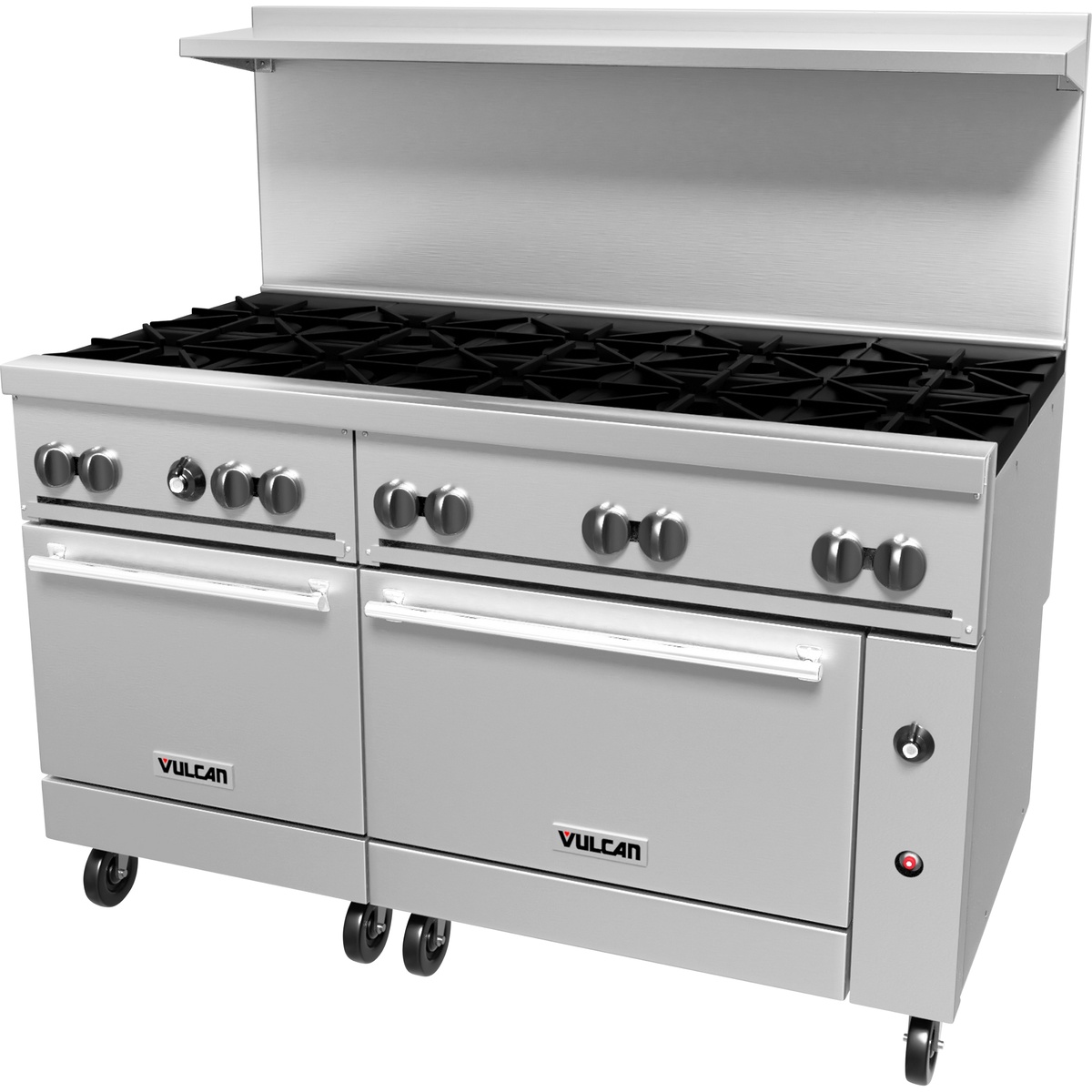 Three-quarter front view of Vulcan 10-burner range highlighting control knobs and two oven bases