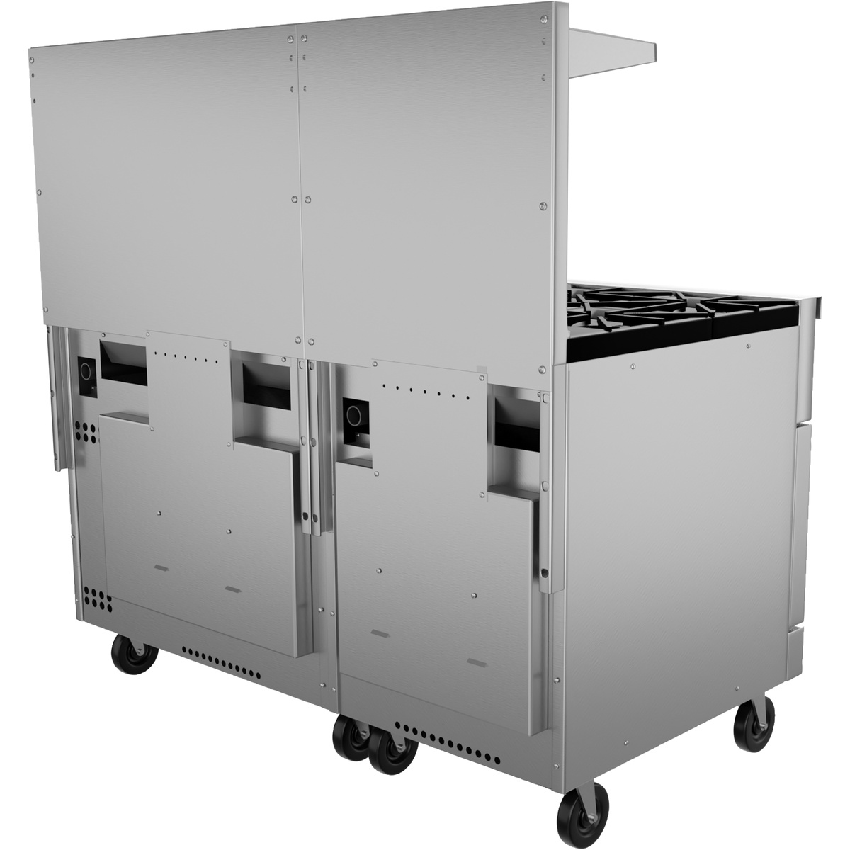 Rear view of Vulcan gas range showing stainless steel panels and casters