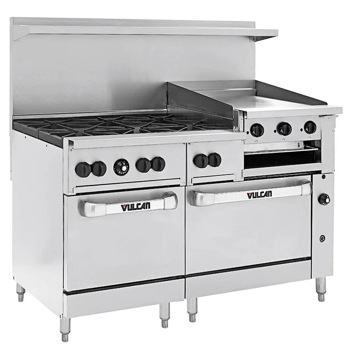 Vulcan 60 inch liquid propane range with six burners, right-side 24 inch griddle and dual oven bases