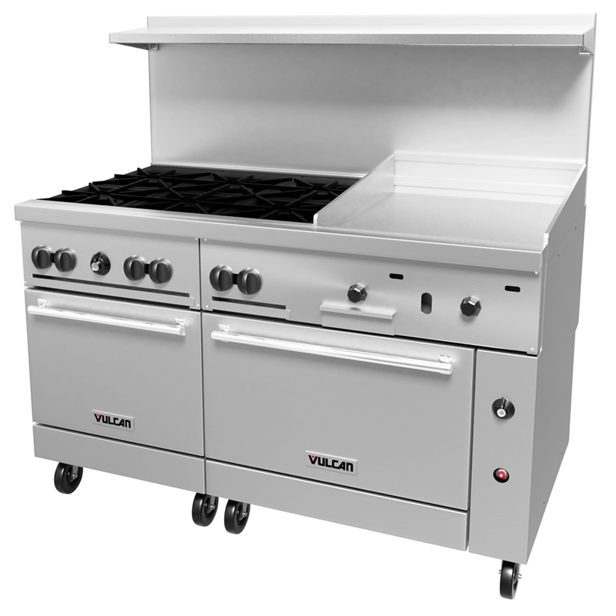 Angled front view highlighting the 24 inch manual griddle section on the right side of the range