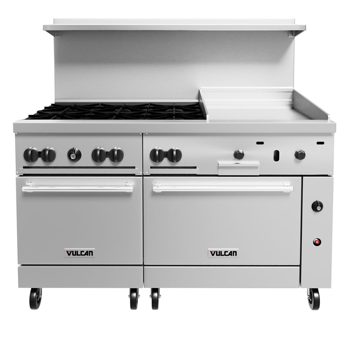 Straight-on front view showing two oven compartments under the burner and griddle top