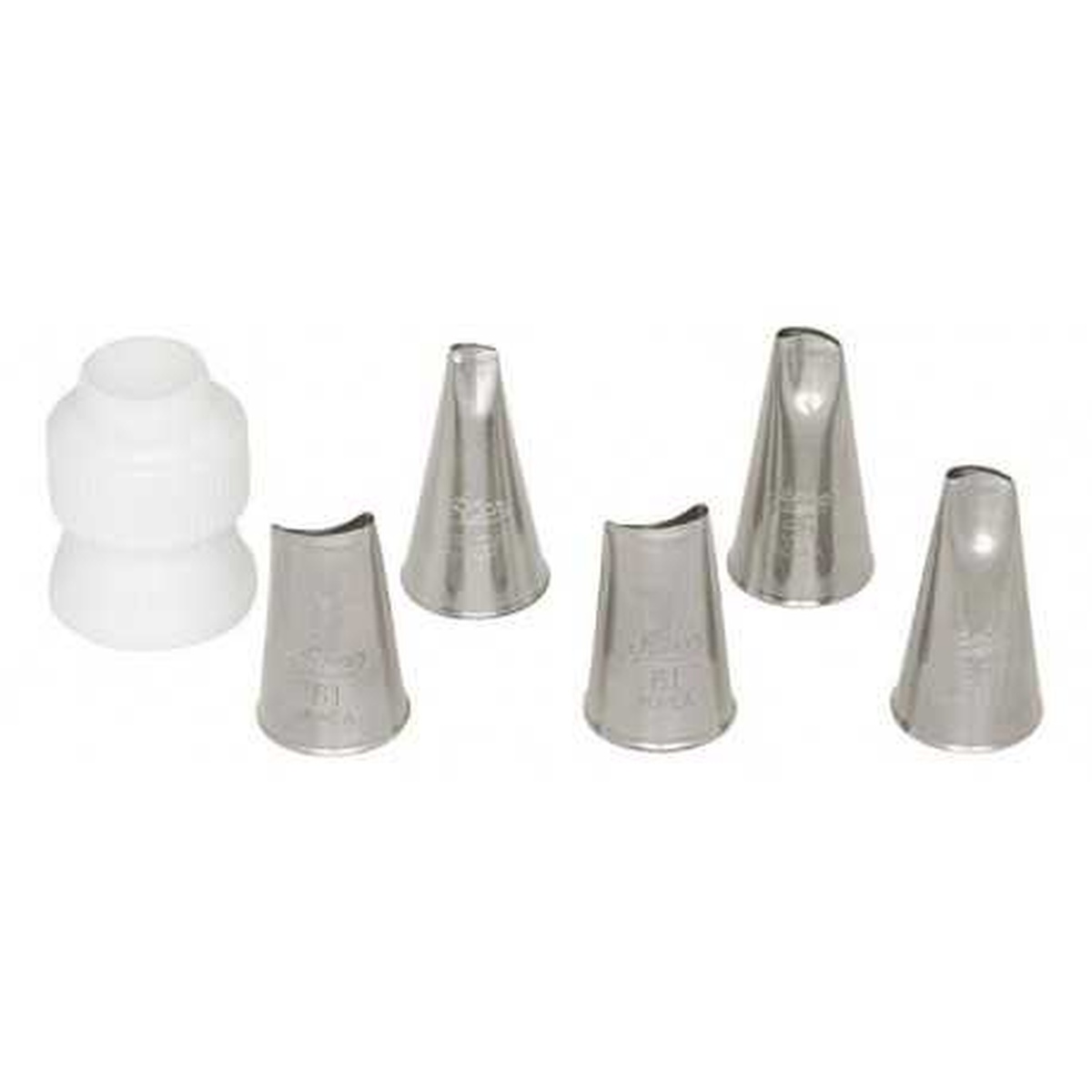Ateco 61 piping tip shown alongside other curved petal tip sizes and a plastic coupler