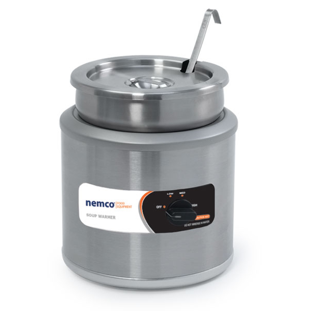 Nemco 6100A 7-quart round countertop soup warmer with stainless steel lid and ladle, front control panel showing Off, Low, Med, and High settings