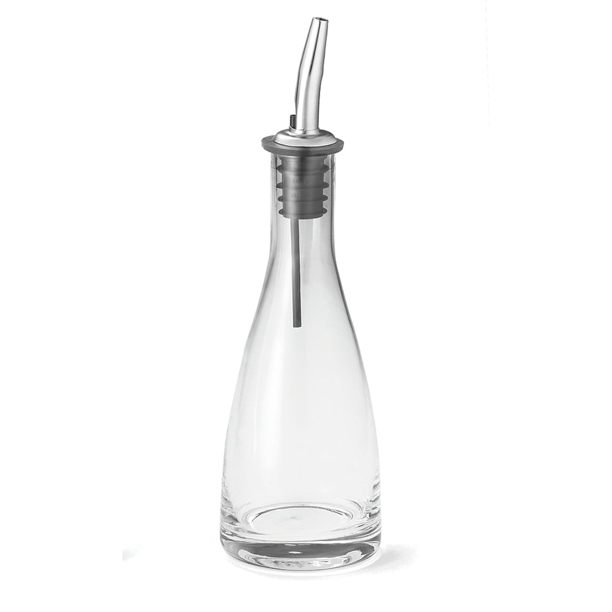 Tablecraft 611 clear glass 6 oz oil and vinegar bottle with stainless steel pourer, teardrop silhouette