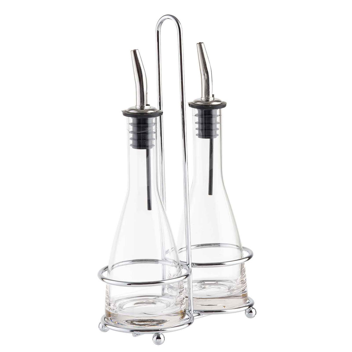 Tablecraft 611N Siena oil and vinegar cruet set with two clear glass bottles and chrome rack, angled view