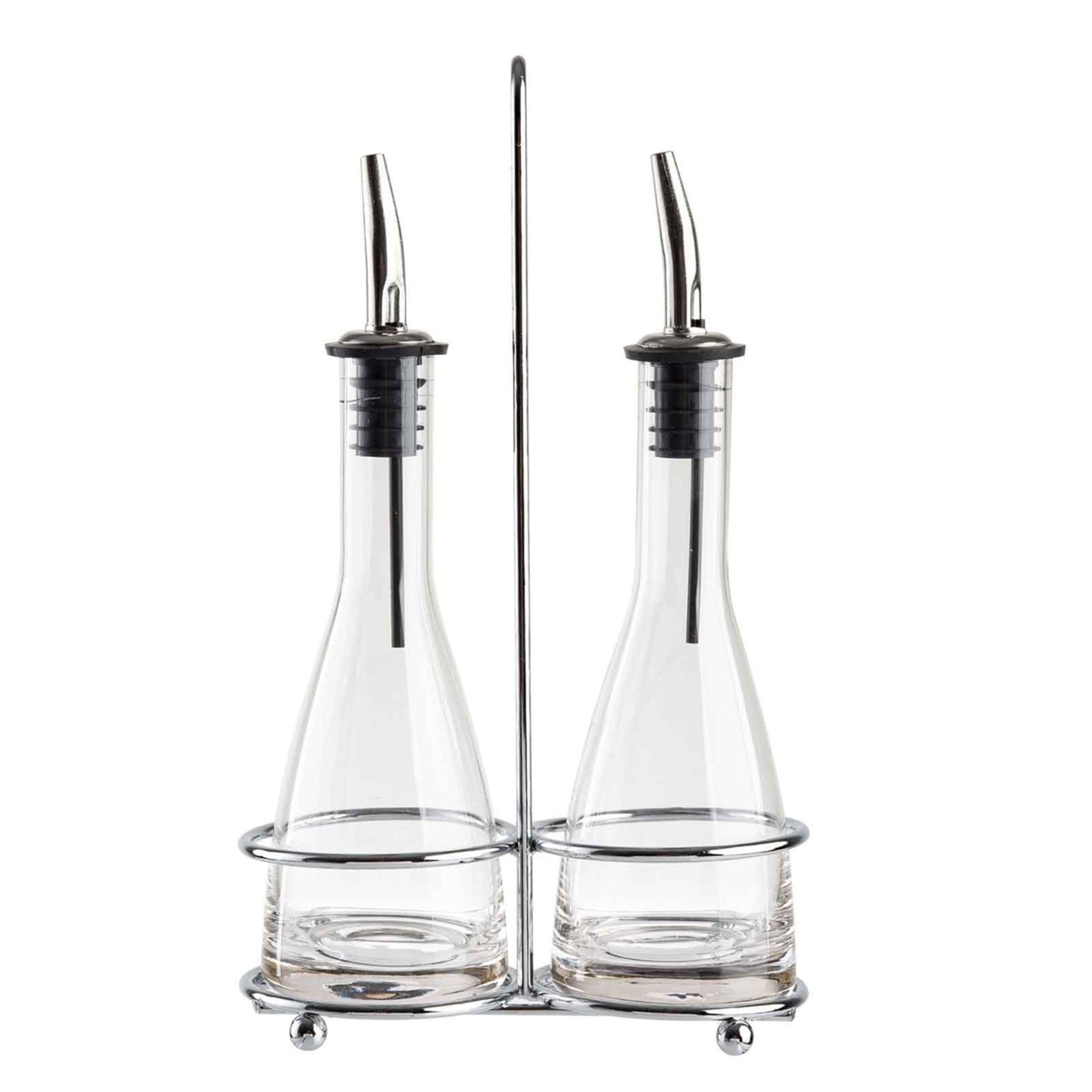 Tablecraft 611N cruet set front view showing two clear glass bottles with stainless steel pourers in chrome rack