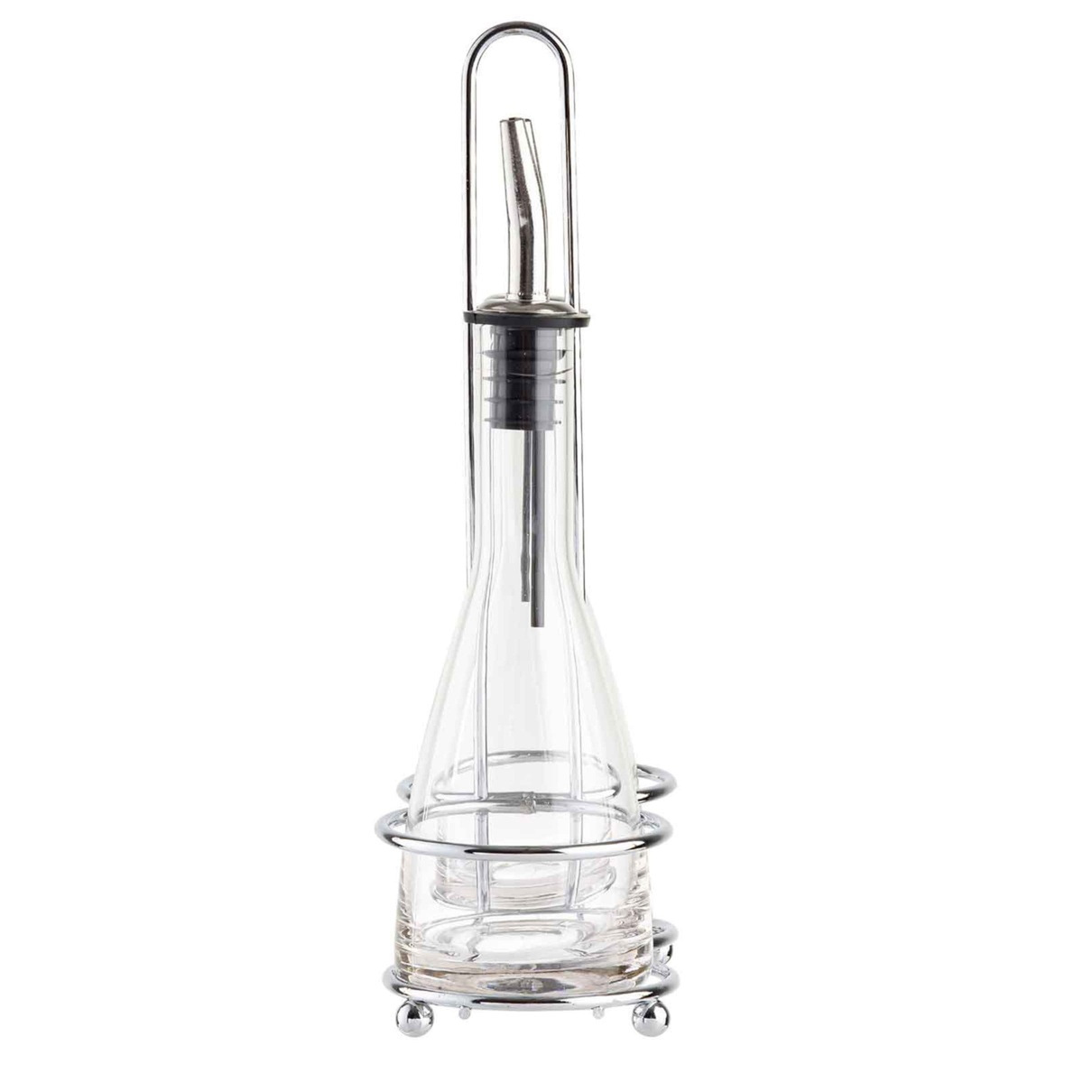 Close-up of single Tablecraft 611N clear glass cruet bottle with stainless steel pourer seated in chrome rack