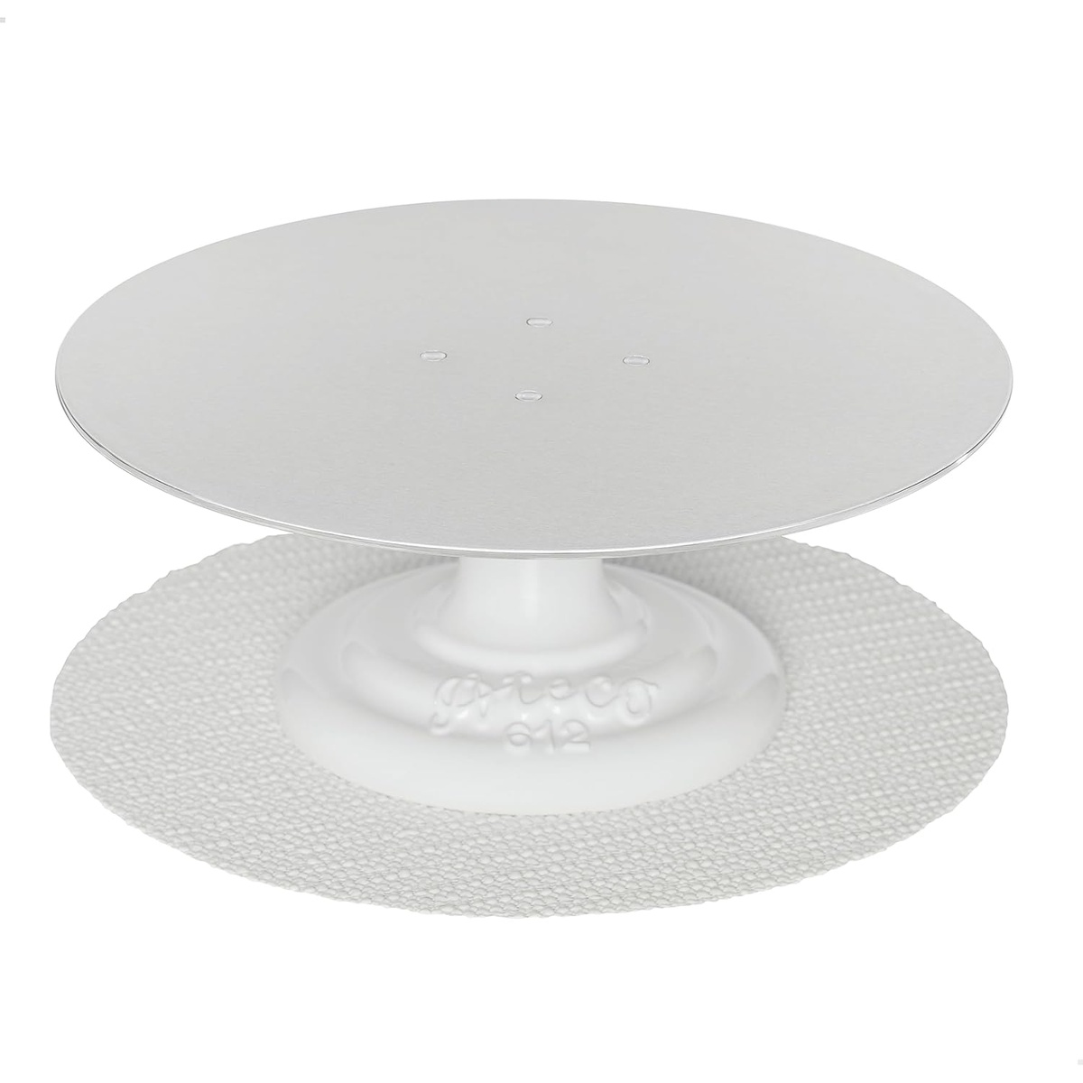 Ateco 612 cake stand with aluminum turntable top removed from cast iron base, non-slip pad shown separately