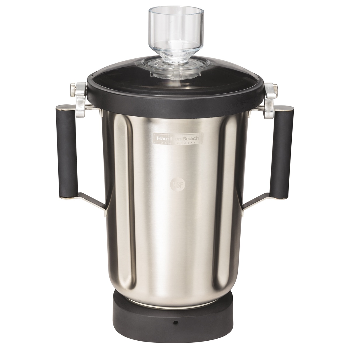 Hamilton Beach Commercial stainless steel blender container with double handles, lid, and dosing cup