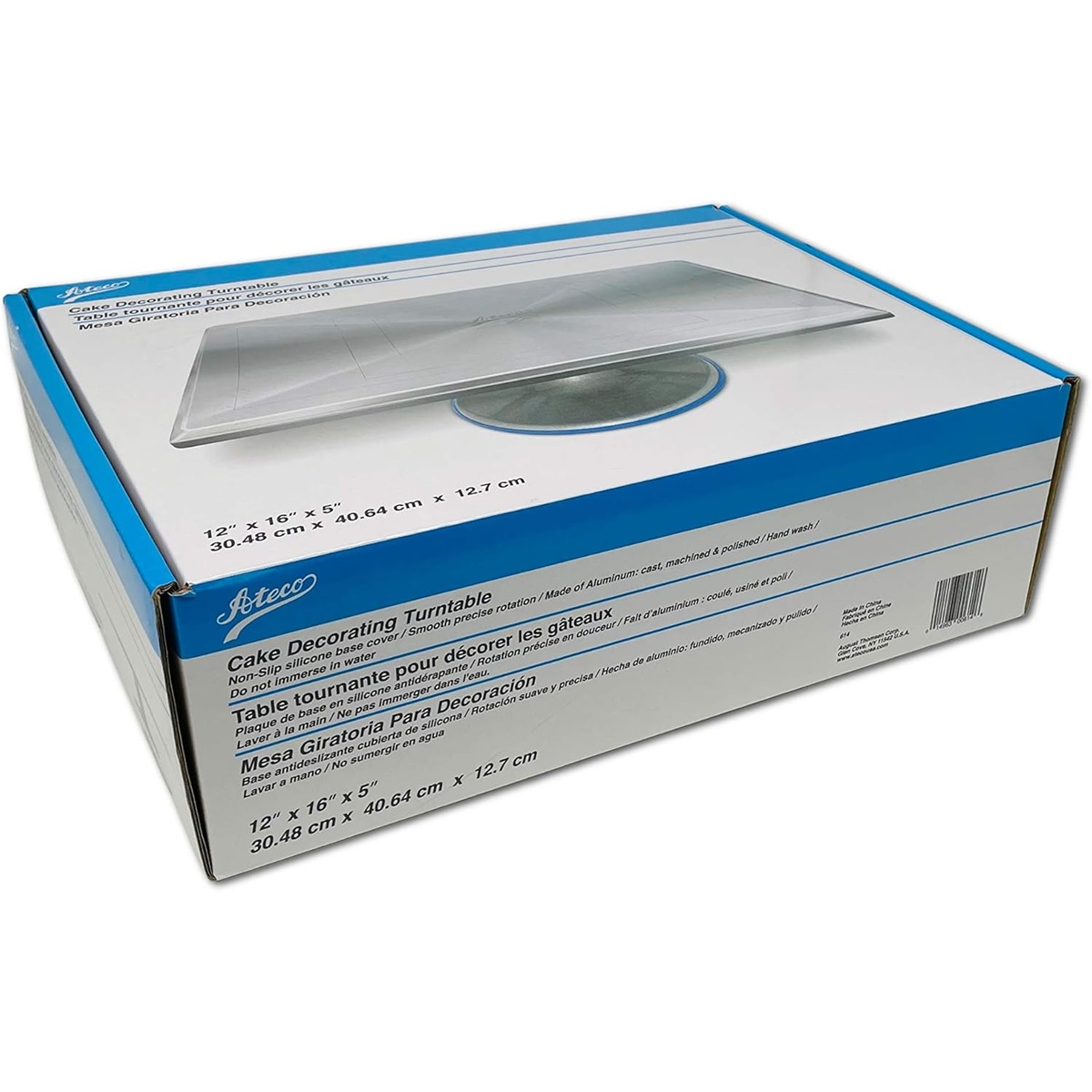 Ateco 614 cake decorating turntable in its original retail packaging box showing product specifications