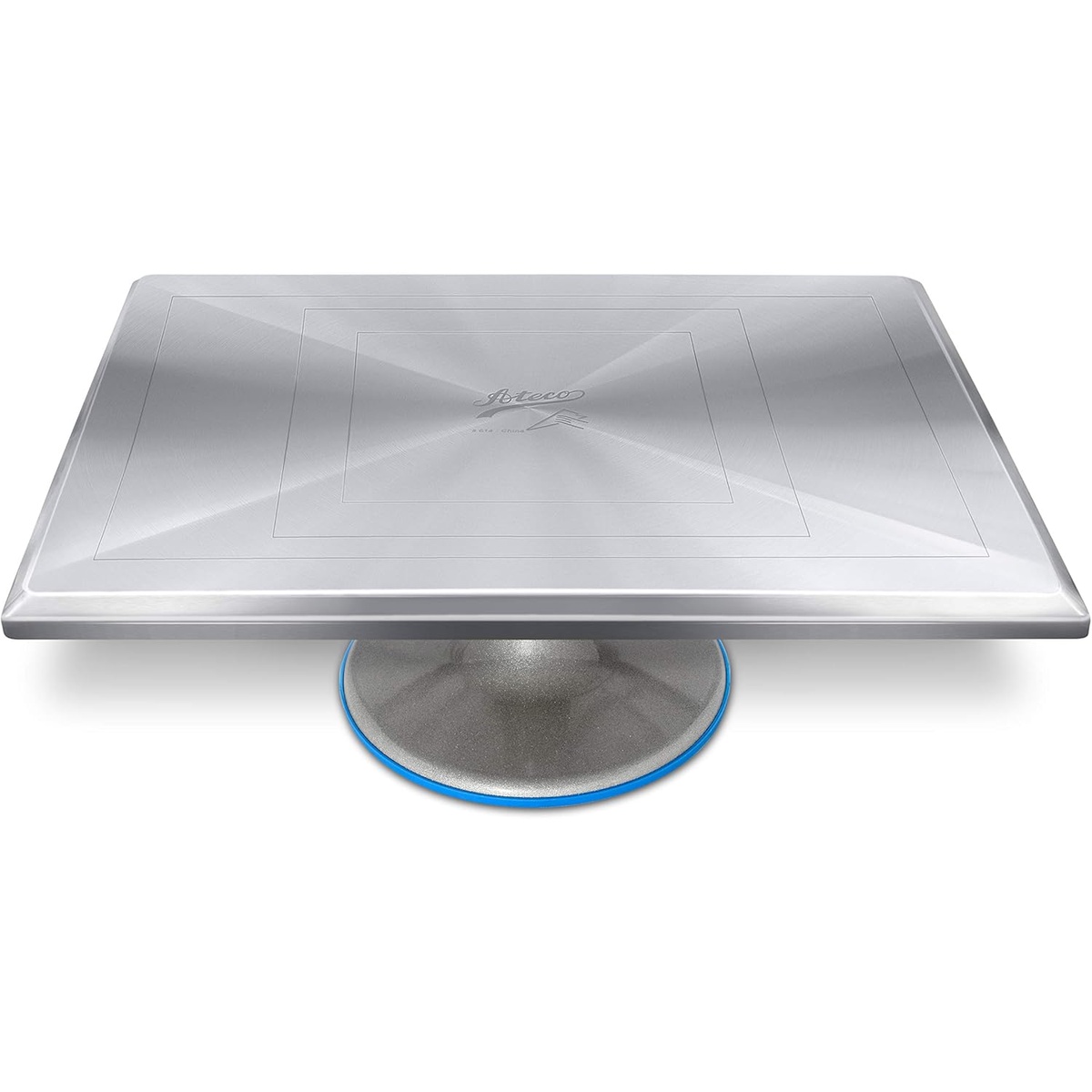 Ateco 614 rectangular aluminum revolving cake turntable, front view showing polished surface and non-slip base