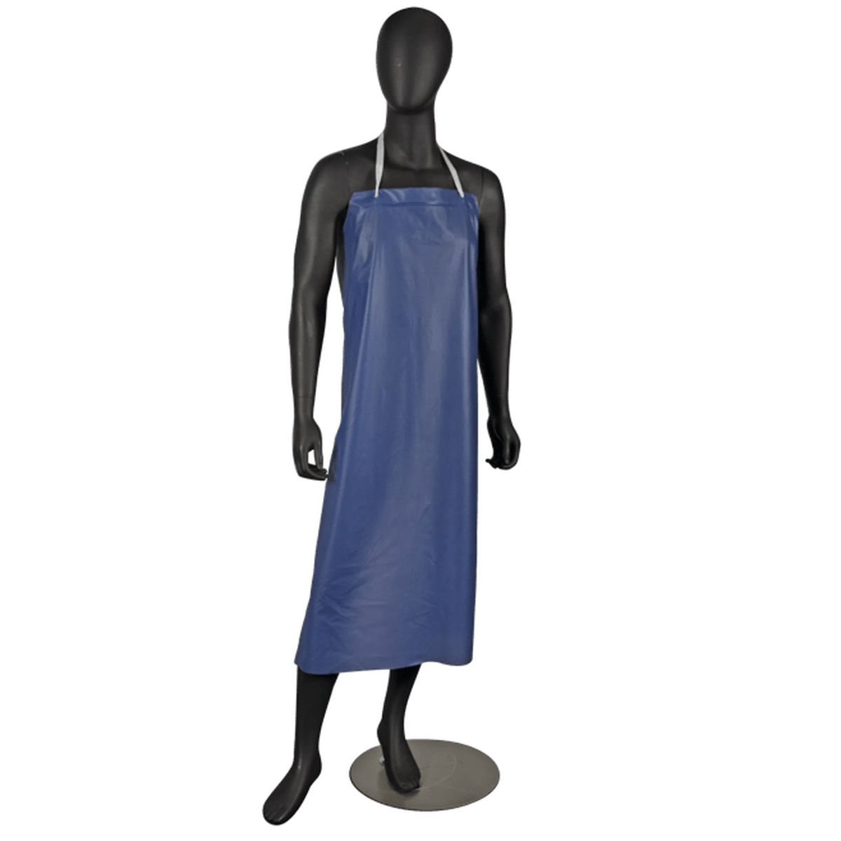 San Jamar 614DVA blue vinyl dishwashing apron with braided ties displayed on full-body mannequin