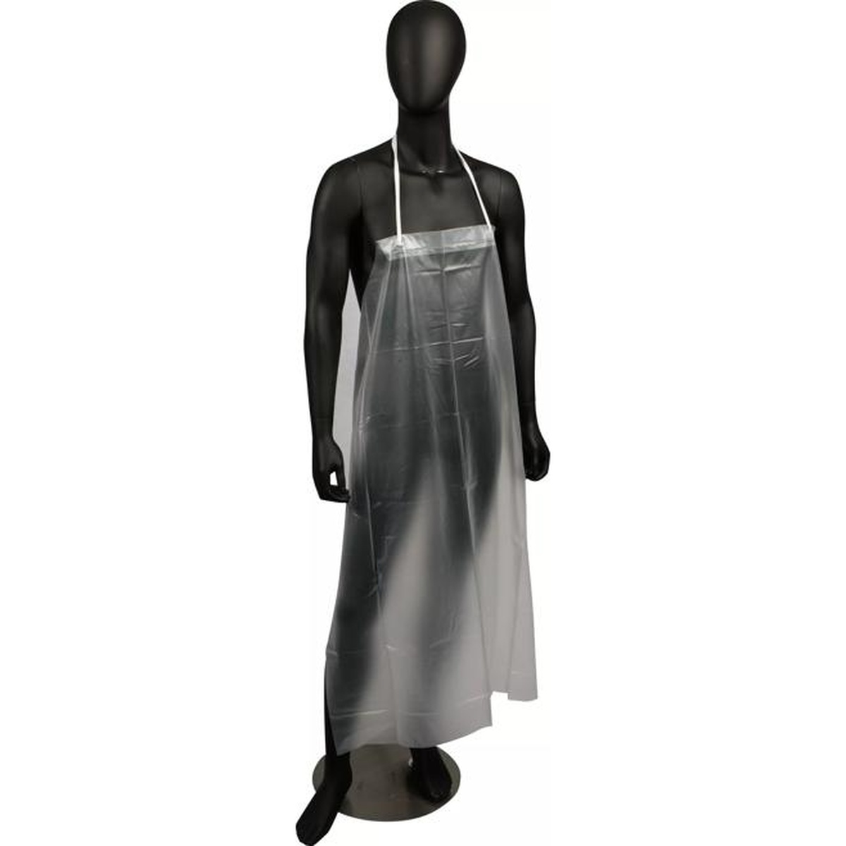 San Jamar 614DVA clear vinyl dishwashing bib apron with braided neck tie on mannequin