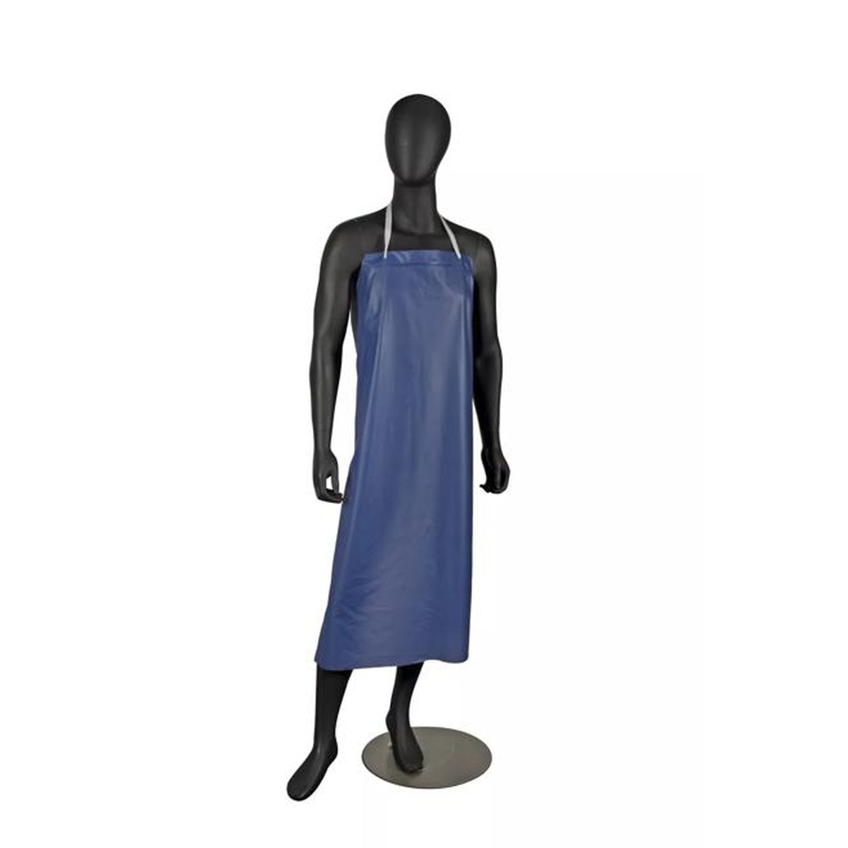 San Jamar blue vinyl dishwashing apron on black mannequin, full body length view showing tie detail at neck