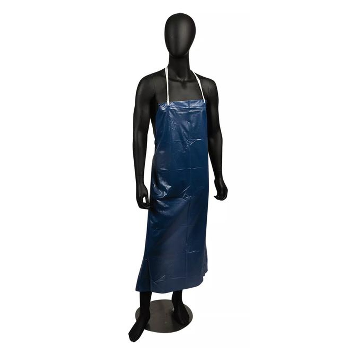 San Jamar blue vinyl dishwashing apron on black mannequin showing full-length coverage and glossy surface