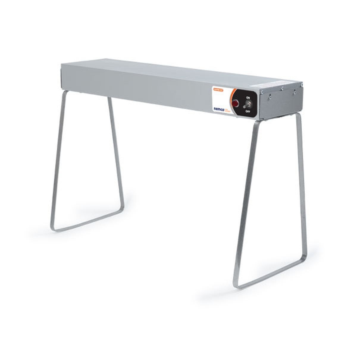 Nemco infrared strip heater on freestanding leg stand with on/off toggle switch visible on the end panel