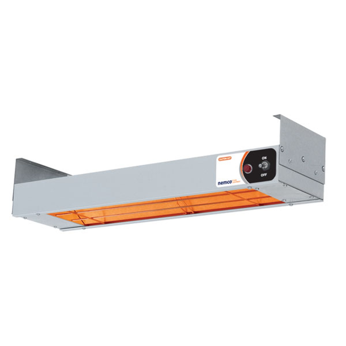 Nemco 6150-36 36-inch infrared strip heater in hanging configuration with glowing orange heating element