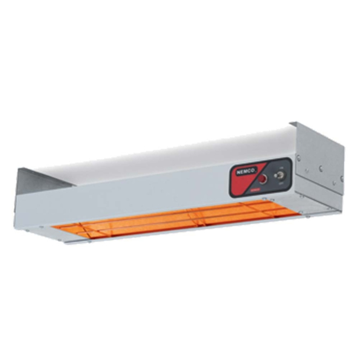 Nemco 6150-72 72-inch infrared strip bar heater with glowing orange heating element and aluminum housing