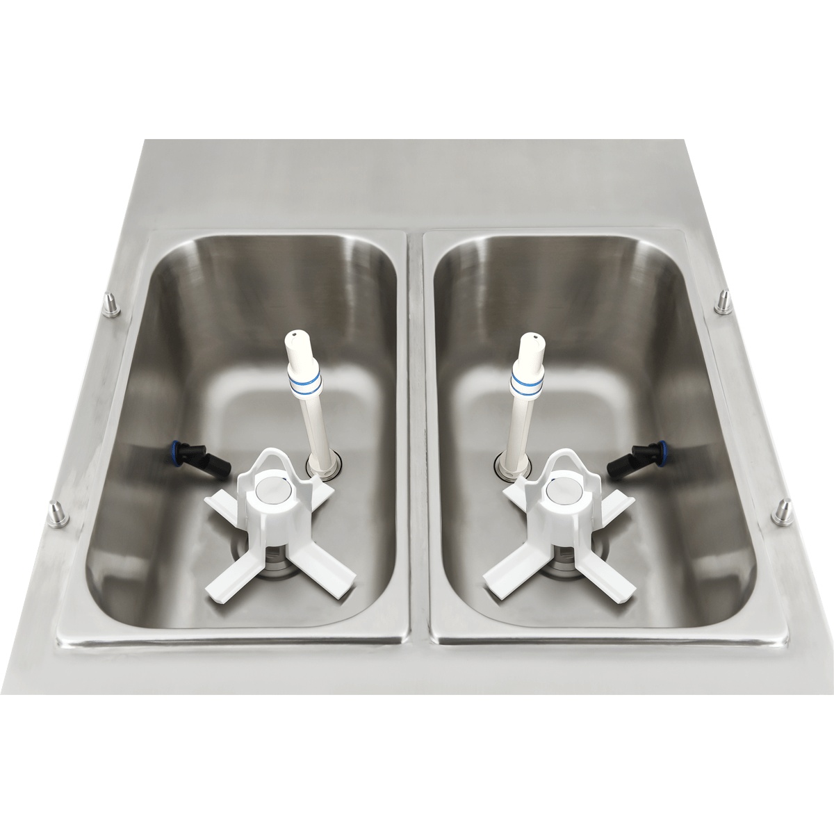 Top view of two stainless refrigerated mix hoppers with integrated agitators