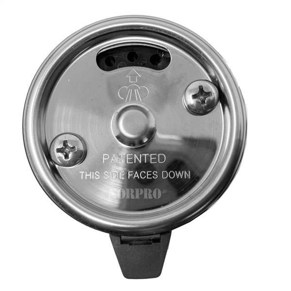 Close-up of the patented steam-release valve mechanism on the underside of the Norpro Smart Universal Lid