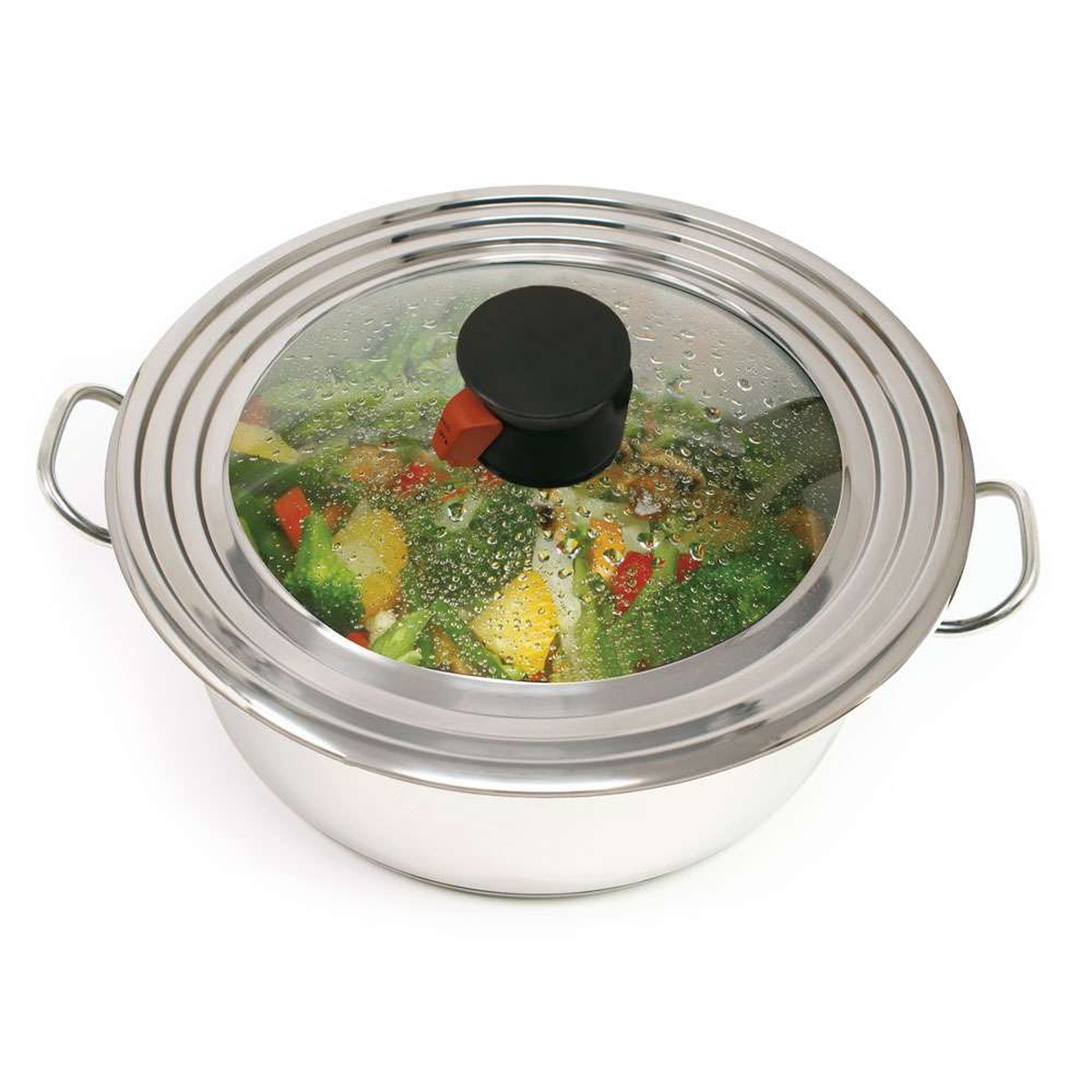 Norpro Smart Universal Lid placed on a stainless steel pot containing steaming mixed vegetables, viewed from above at an angle