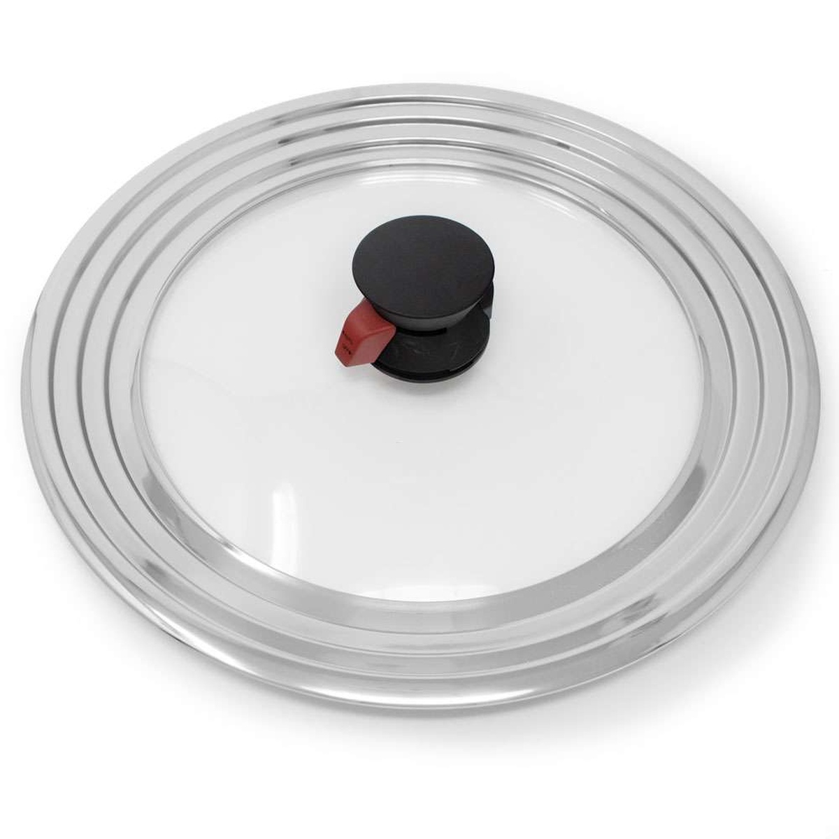Norpro 627 Smart Universal Lid with stainless steel rim and black valve knob, angled view